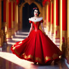 Woman in Snow White costume in opulent hall with red gold-accented pillars and elegant gown.