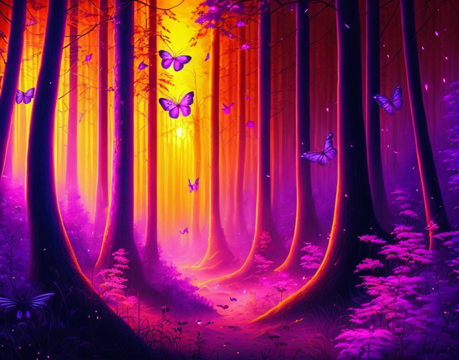 Radiant purple forest with glowing trees and fluttering butterflies