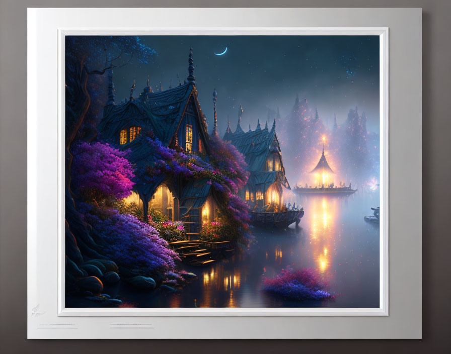 Enchanted night scene: charming cottages, calm lake, purple foliage, crescent moon