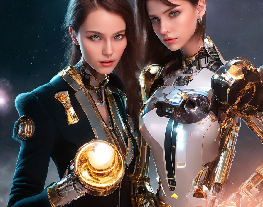 Futuristic women in robotic suits against cosmic backdrop