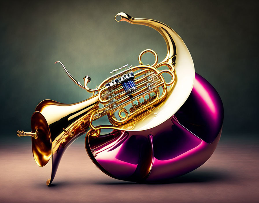 Golden French Horn with Intricate Details on Moody Background