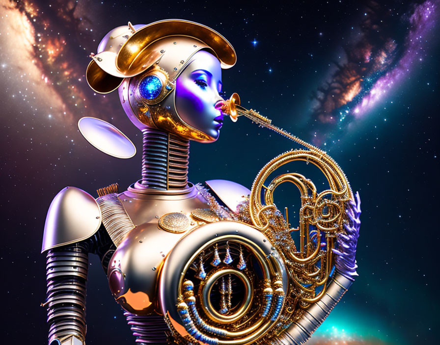 Futuristic robotic figure in golden and silver colors against cosmic backdrop