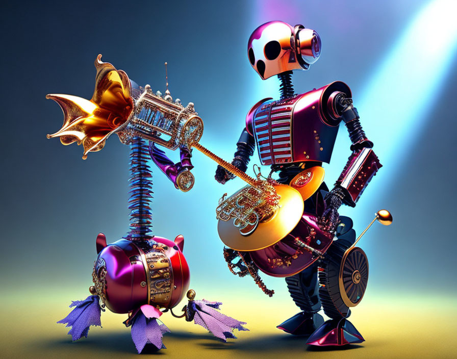 Whimsical robots duel with musical instruments on vibrant backdrop