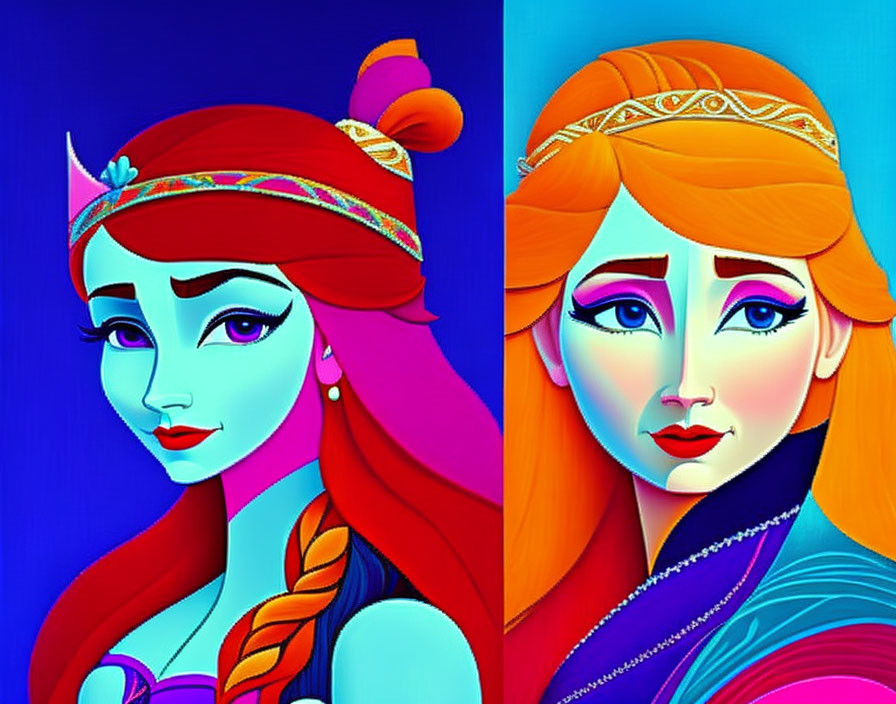 Stylized illustrations of female characters with blue and orange hues and regal headpieces