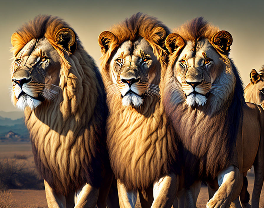 Three majestic lions standing together on savannah backdrop