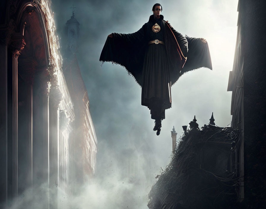 Mysterious cloaked figure levitates amid Gothic buildings