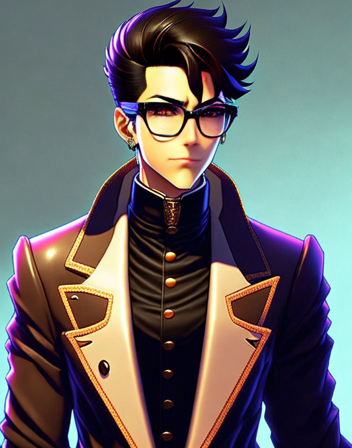 Man with Slicked-Back Hair and Glasses in Ornate Black and Gold Coat