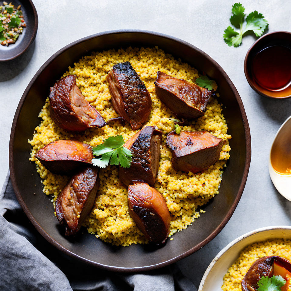 Couscous dish with seared meat, cilantro garnish, side dishes, and drink