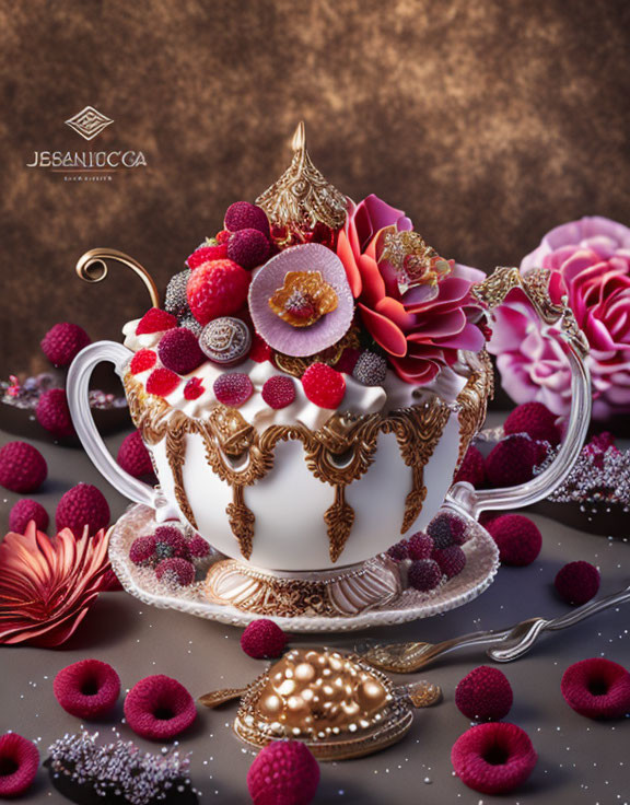 Teacup-themed cupcake with frosting, chocolate, flowers, and raspberries on plate