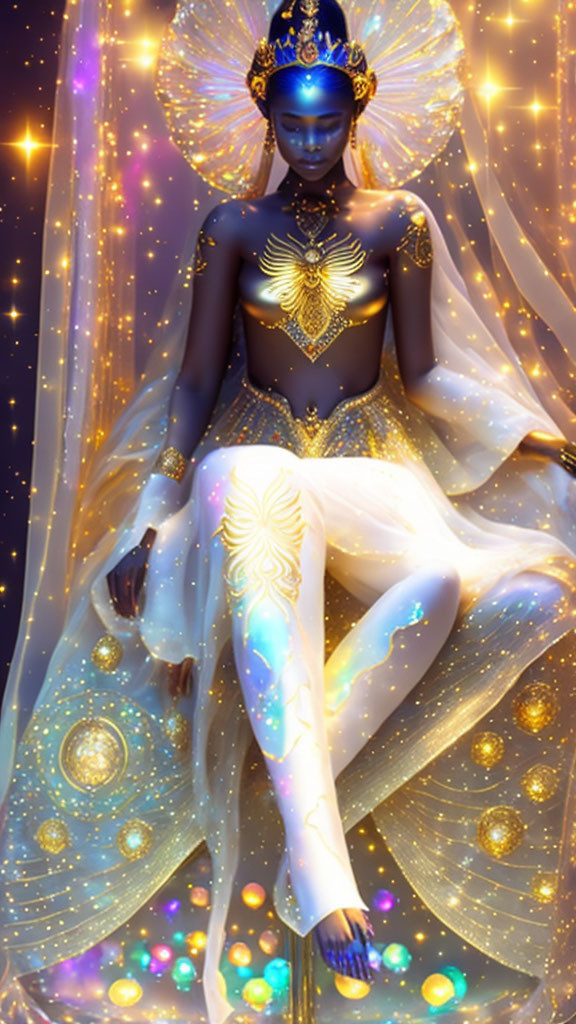 Blue-skinned figure in gold jewelry and white gown amidst stars.