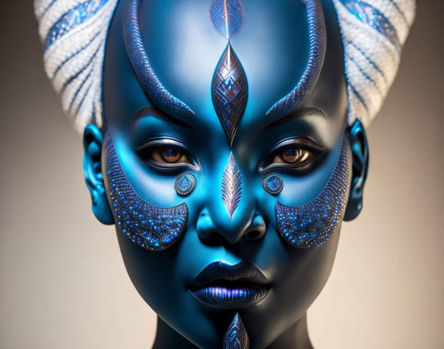 Blue and white artistic makeup with intricate patterns on a person's face and headgear against a neutral backdrop