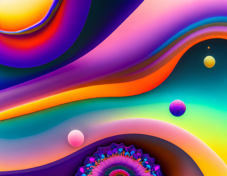 Colorful Digital Art with Flowing Curves, Spheres, and Fractal Design