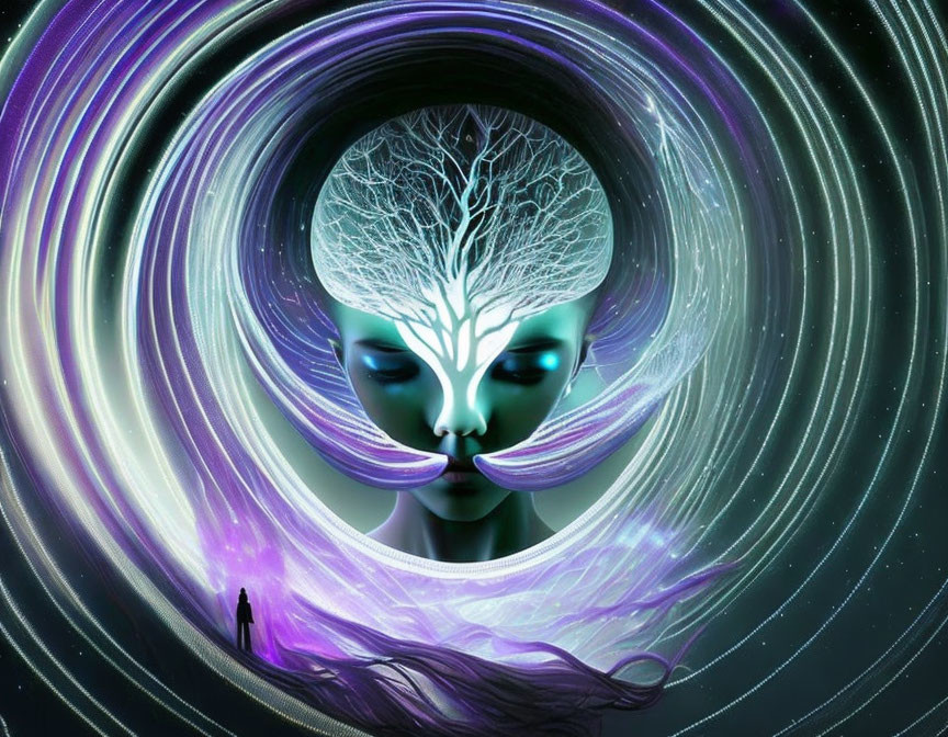 Blue humanoid face with tree-like hair in cosmic setting