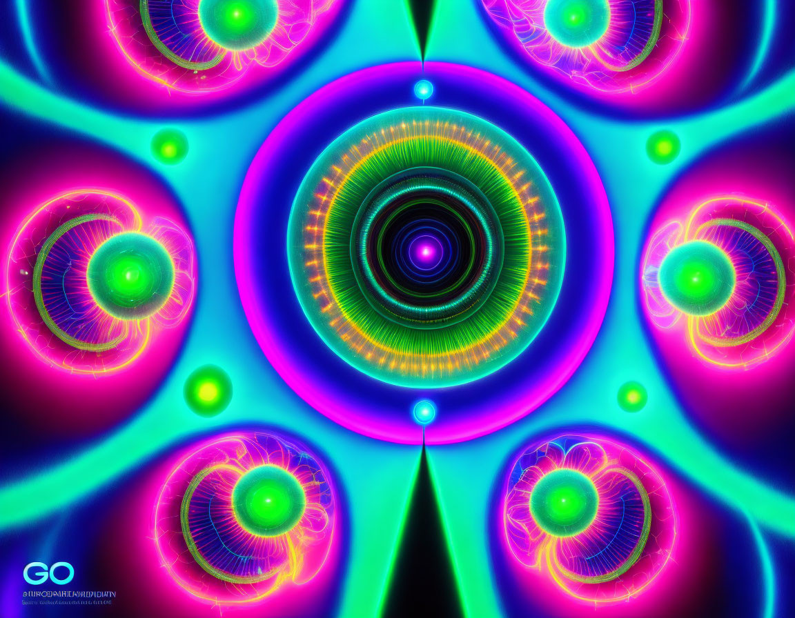 Neon-colored digital art with symmetrical patterns and luminous circles