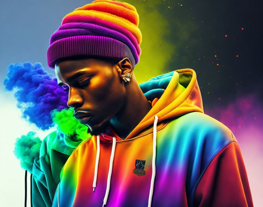 Colorful Hoodie and Knit Hat Man Surrounded by Vibrant Blue and Orange Smoke