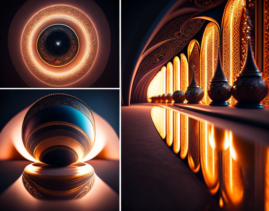 Ornate glowing geometric patterns with reflective spheres