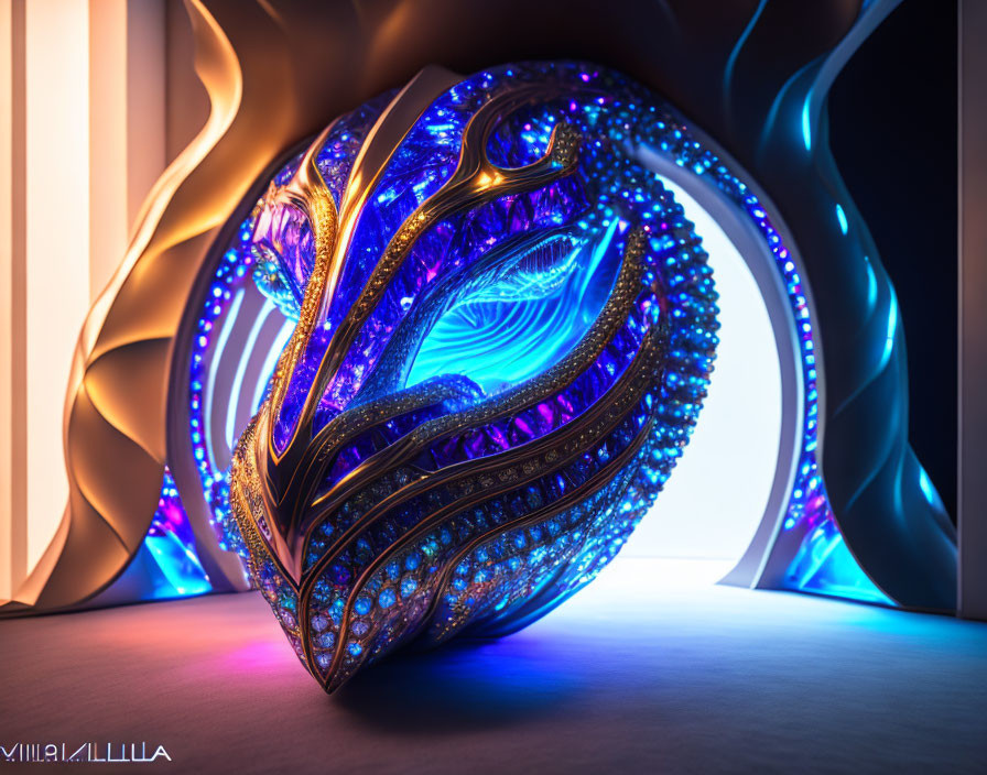 Blue and Gold Illuminated Sculpture with Swirling Pattern on Neon Background