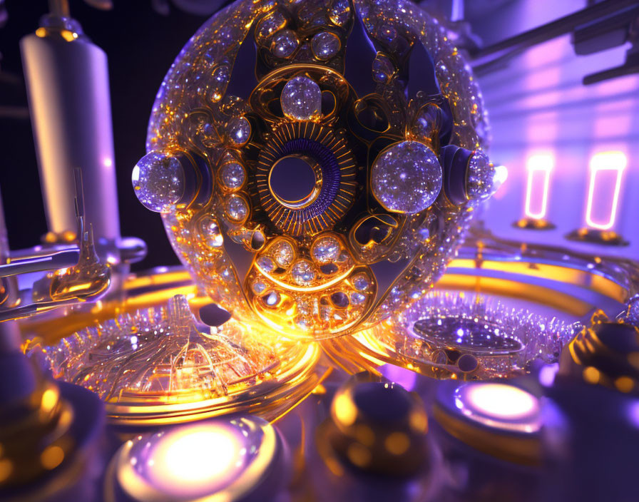 Golden futuristic spherical structure with intricate designs, glowing lights, high-tech machinery in purple ambiance