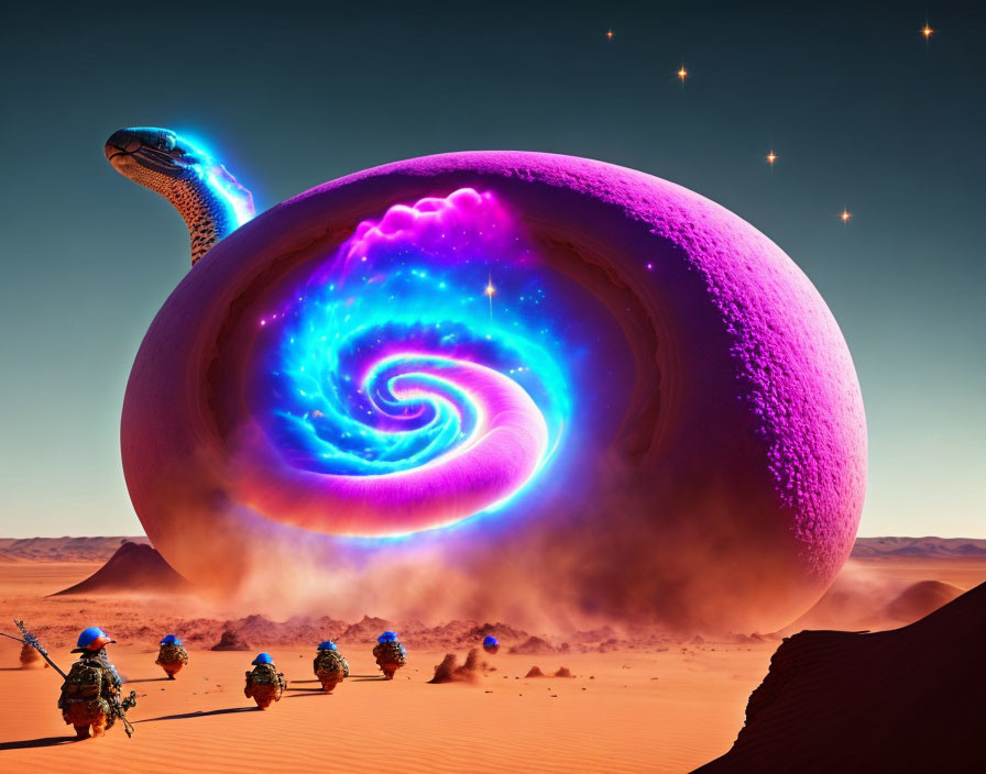 Giant turtle with cosmic shell vortex and armed figures in desert landscape