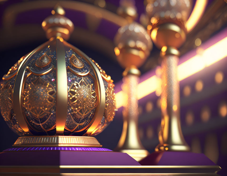 Intricate Golden Trophy on Purple Background with Illuminated Dots