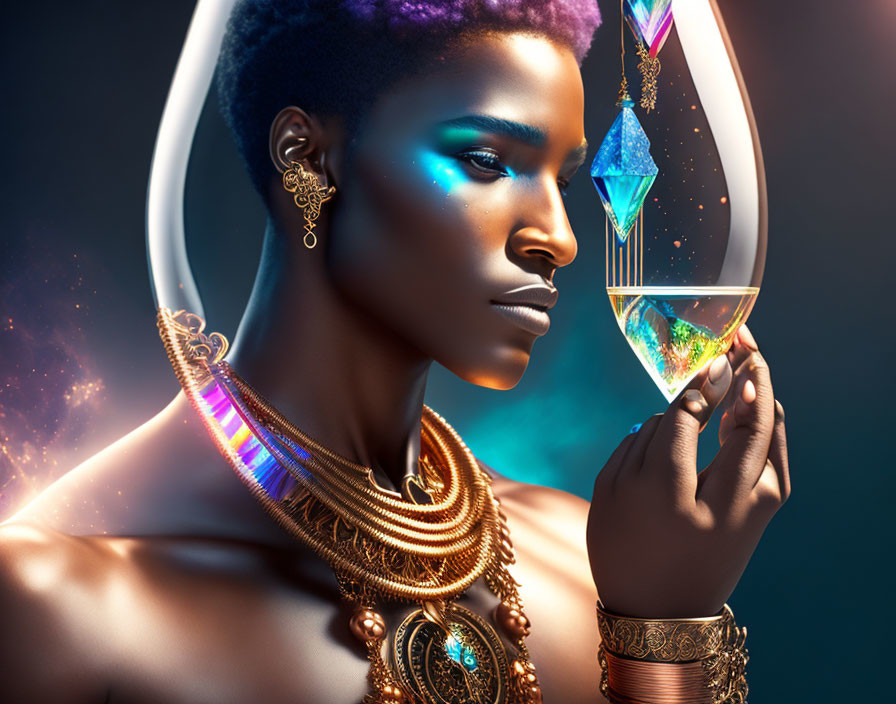 Radiant woman with blue makeup holding luminous crystal and gold jewelry