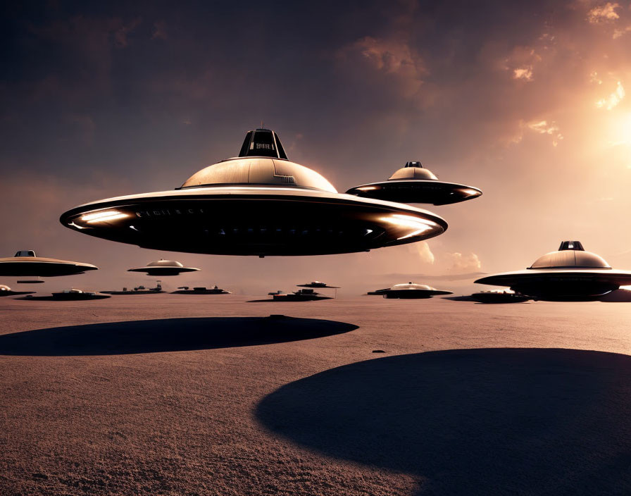 Futuristic UFO fleet over barren landscape at sunset