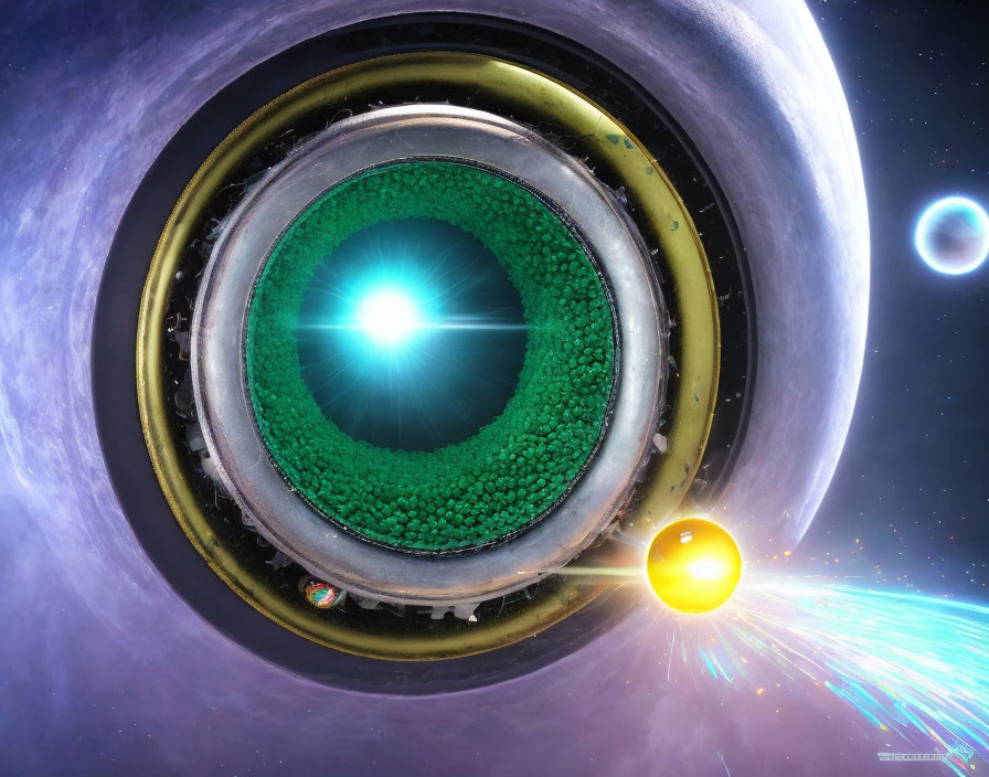 Futuristic space scene with giant ring structure and green landscape