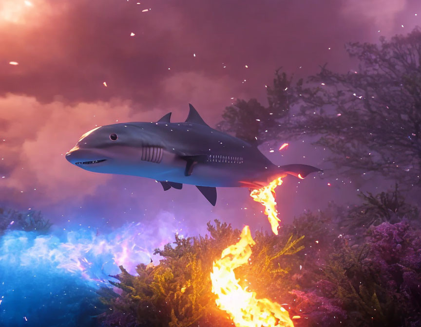 Digital artwork of a flying shark in vibrant sky with purple hues and flames