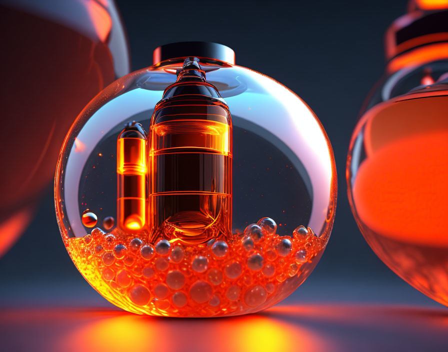 Transparent spherical flask with orange liquid, bubbles, and metallic coil on blue background