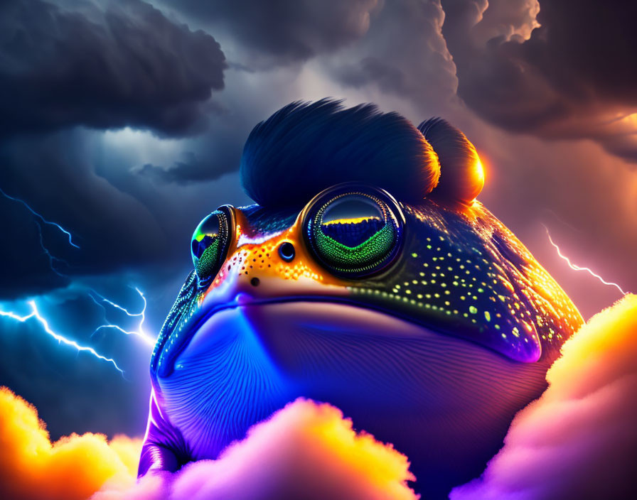 Colorful Stylized Frog with Reflective Eyes on Dark Clouds Background