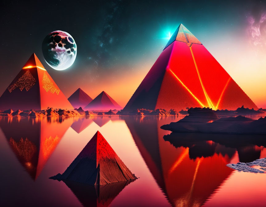 Surreal illuminated pyramids under starry sky with moon reflection