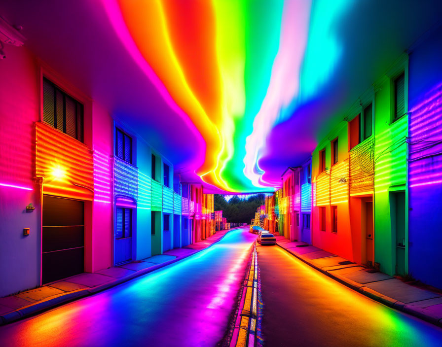 Colorful Neon Lights Illuminate Vibrant Street