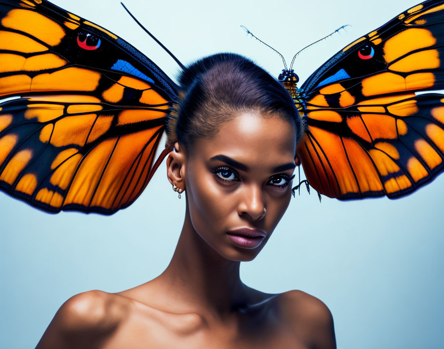 Woman with butterfly wings in cool blue backdrop.