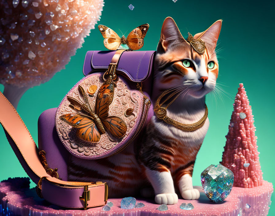 Stylized cat with butterfly-themed bag, crown, crystals, and butterflies