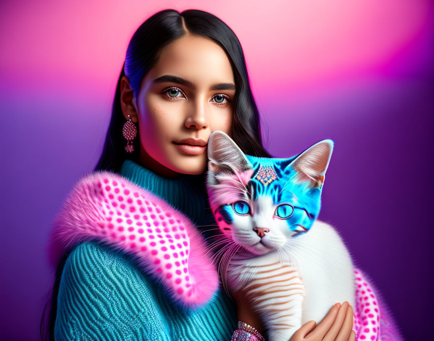 Dark-haired woman in blue sweater holding colorful cat on gradient background