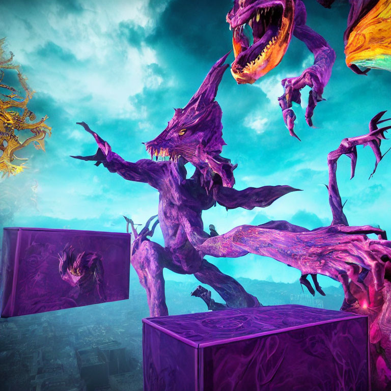 Vibrant fantasy art: Giant purple creature attacks amidst floating cubes above cityscape