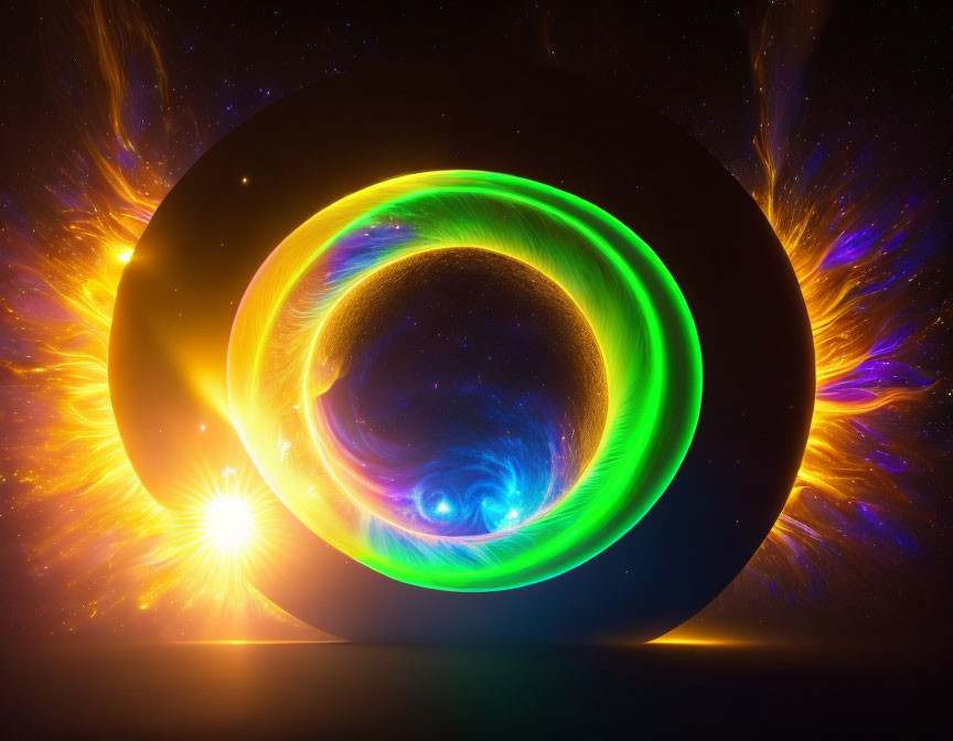 Colorful digital art: Black hole with green and blue swirls in cosmic space.