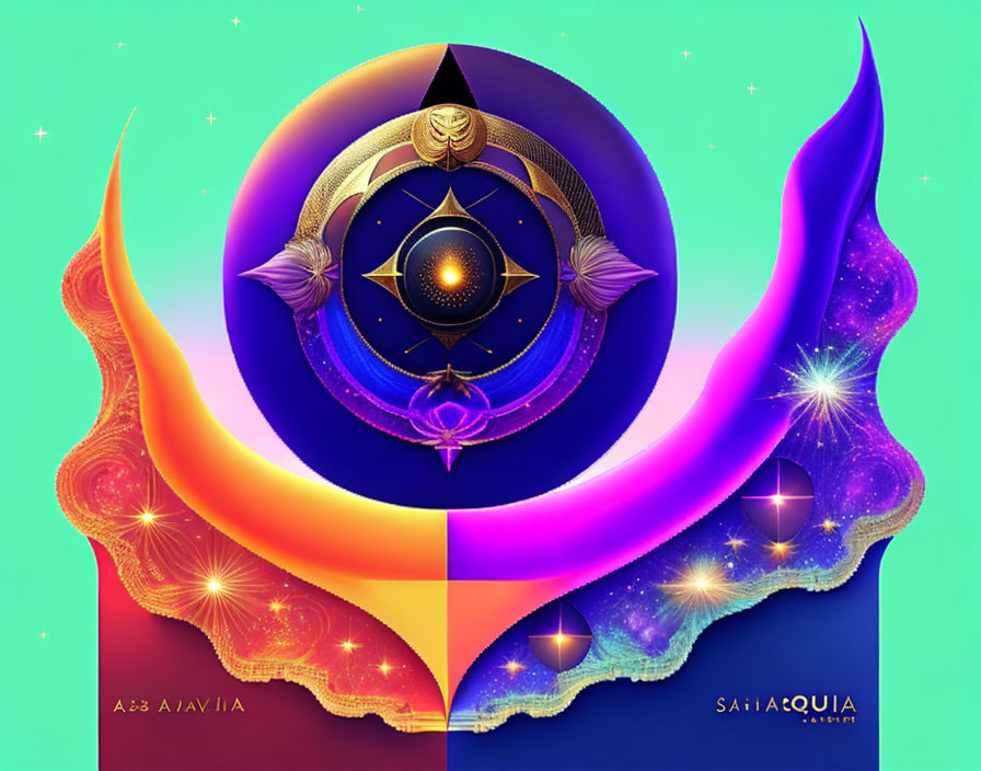 Colorful Cosmic Eye Artwork with Abstract Elements and Inscriptions