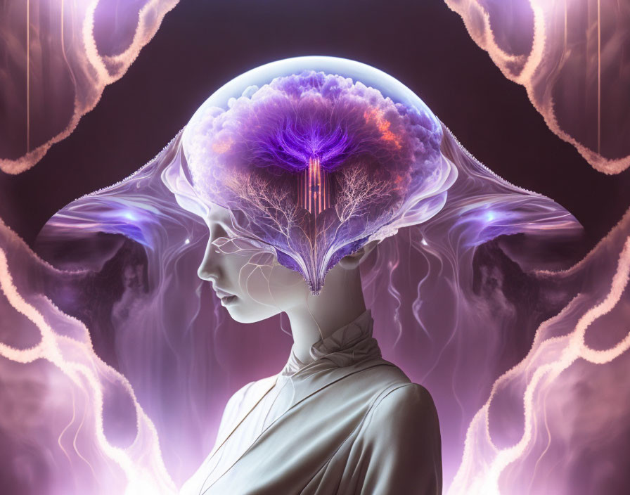 Surreal image: Woman with translucent head and purple tree-like structure