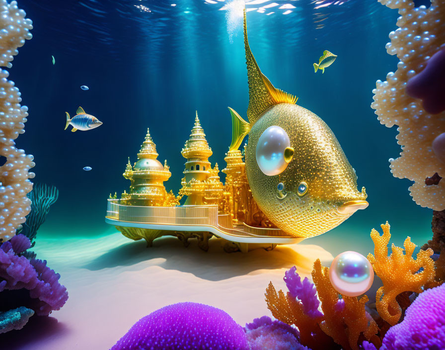 Large golden fish with cityscape on back swimming among colorful corals under the sea