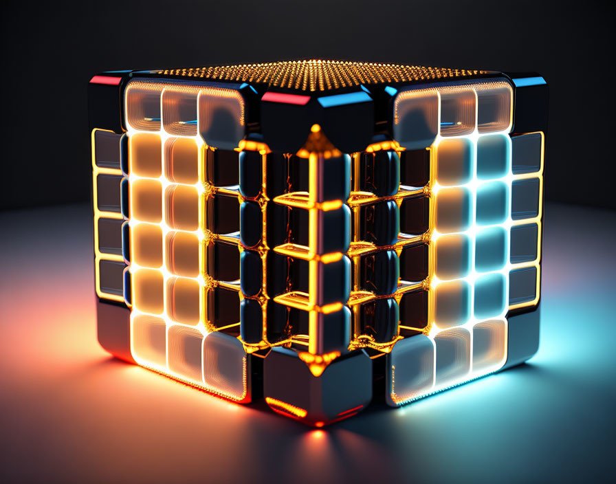 Futuristic glowing Rubik's Cube with neon lights and gold mechanisms