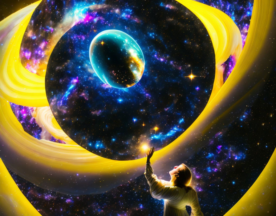 Person Reaching Towards Surreal Cosmic Scene with Galaxies and Nebulas