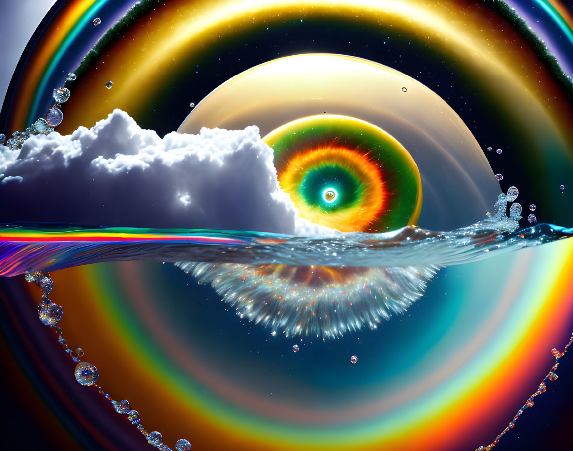 Vibrant eye-like planet over rippling water with rainbow rings