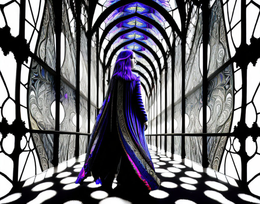 Silhouetted figure in cloak in Gothic-style corridor with ornate windows