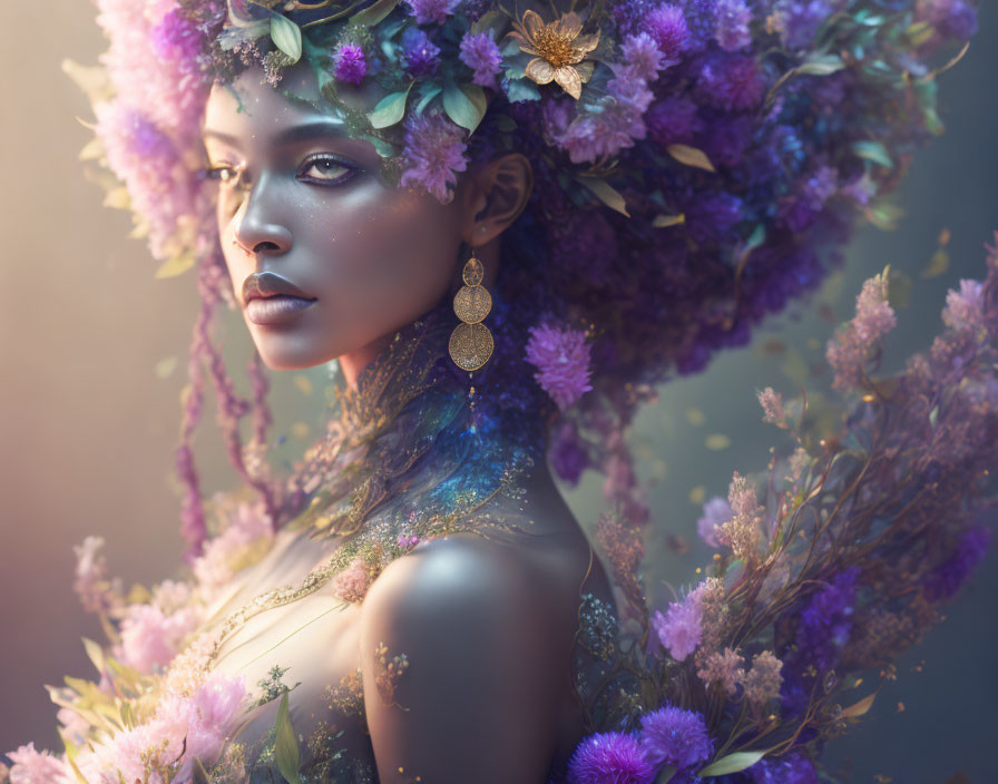 Woman adorned with purple and pink flower headdress and golden jewelry in serene setting