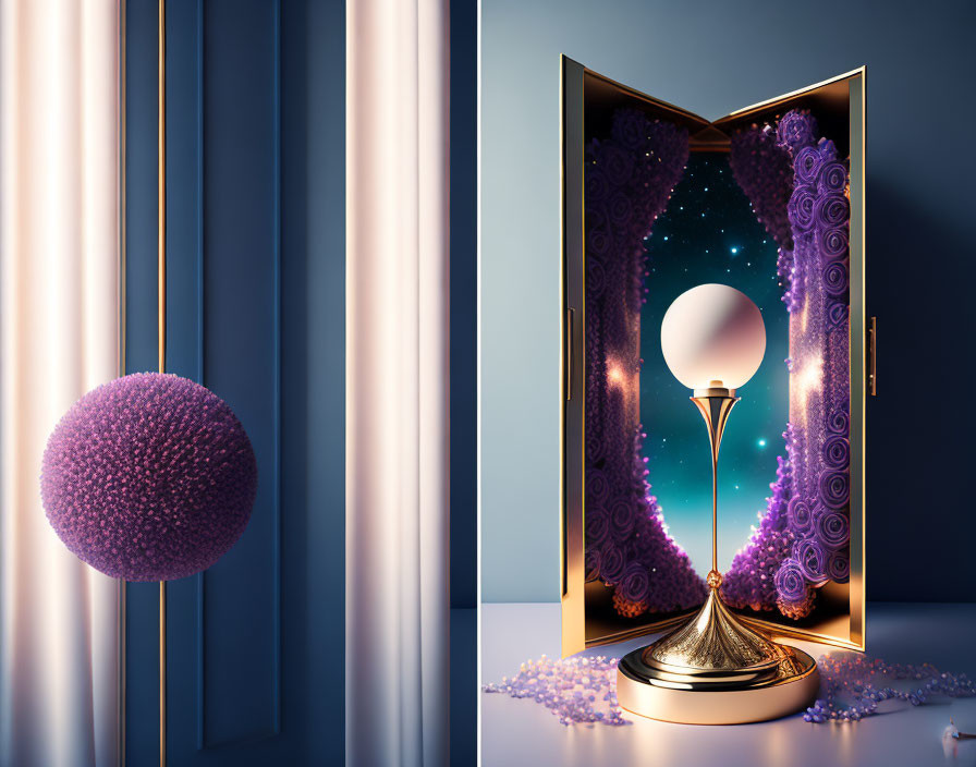 Surreal room with purple sphere, curtains, open door to fantastical moonlit scene