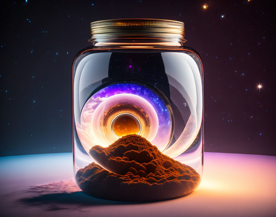 Glass jar with gold lid holding surreal space vortex and desert landscape on starry sky backdrop.