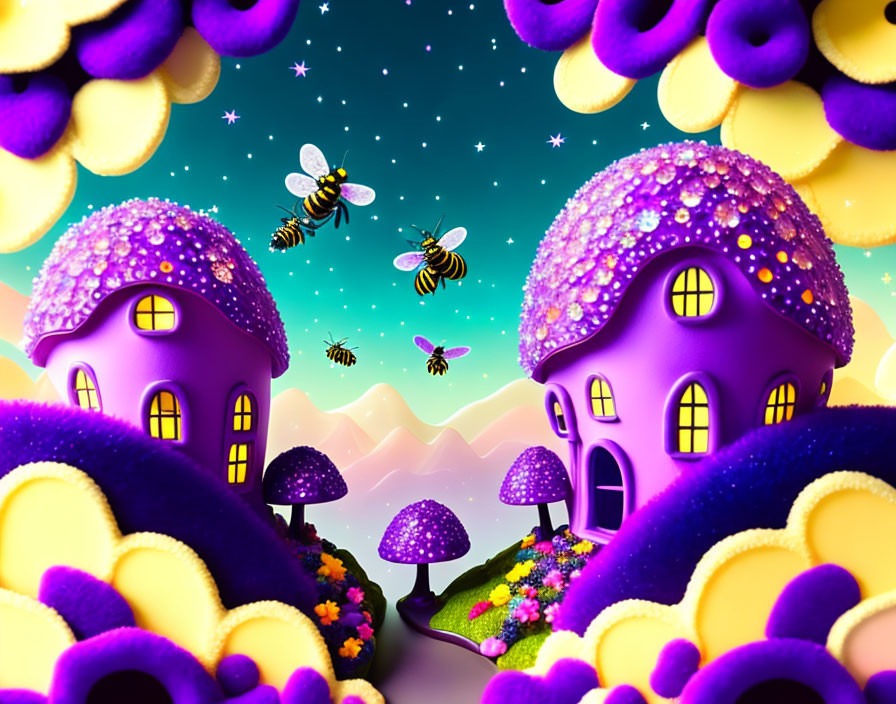 Fantasy Landscape with Purple Mushroom Houses and Bees in Colorful Setting