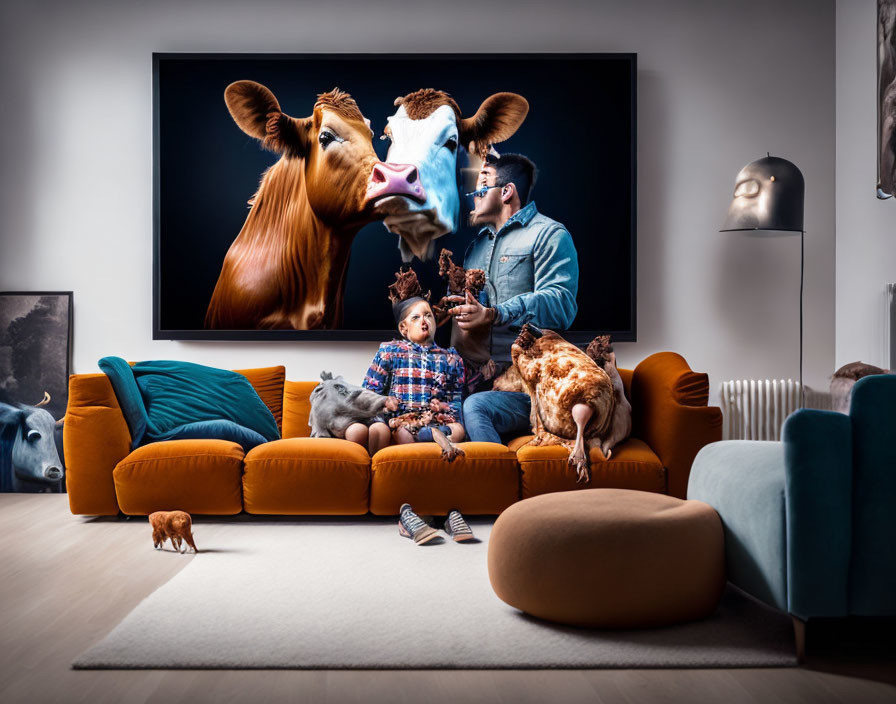 Man and child on orange sofa surrounded by oversized cow heads and small dog in whimsical living room with