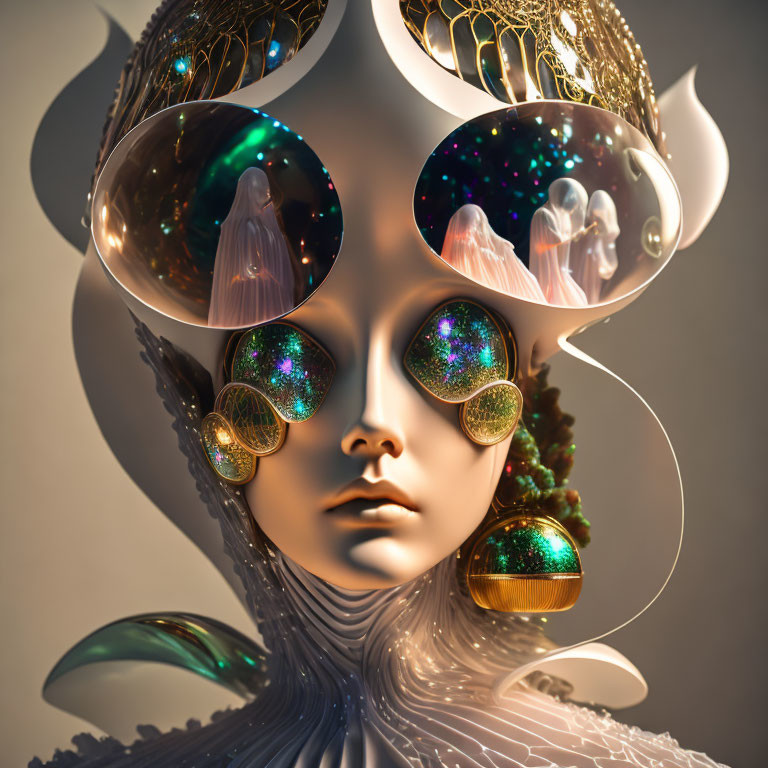 Cosmic-themed surrealistic humanoid face artwork